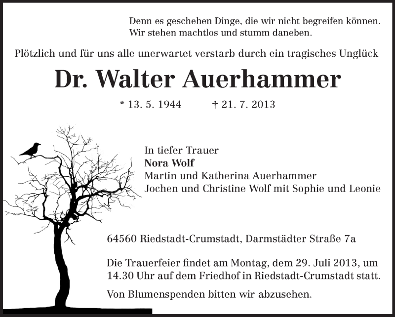  Traueranzeige für Walter Auerhammer vom 26.07.2013 aus Echo-Zeitungen (Gesamtausgabe)