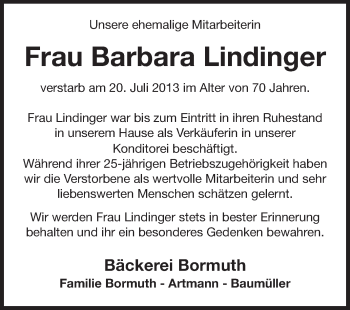 Traueranzeige von Barbara Lindinger von Echo-Zeitungen (Gesamtausgabe)