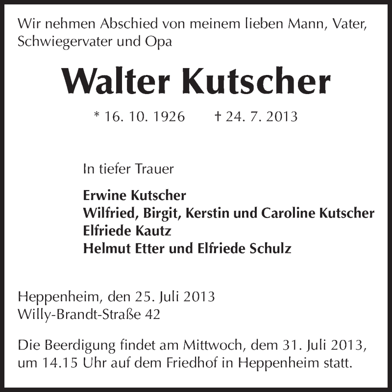  Traueranzeige für Walter Kutscher vom 26.07.2013 aus Starkenburger Echo