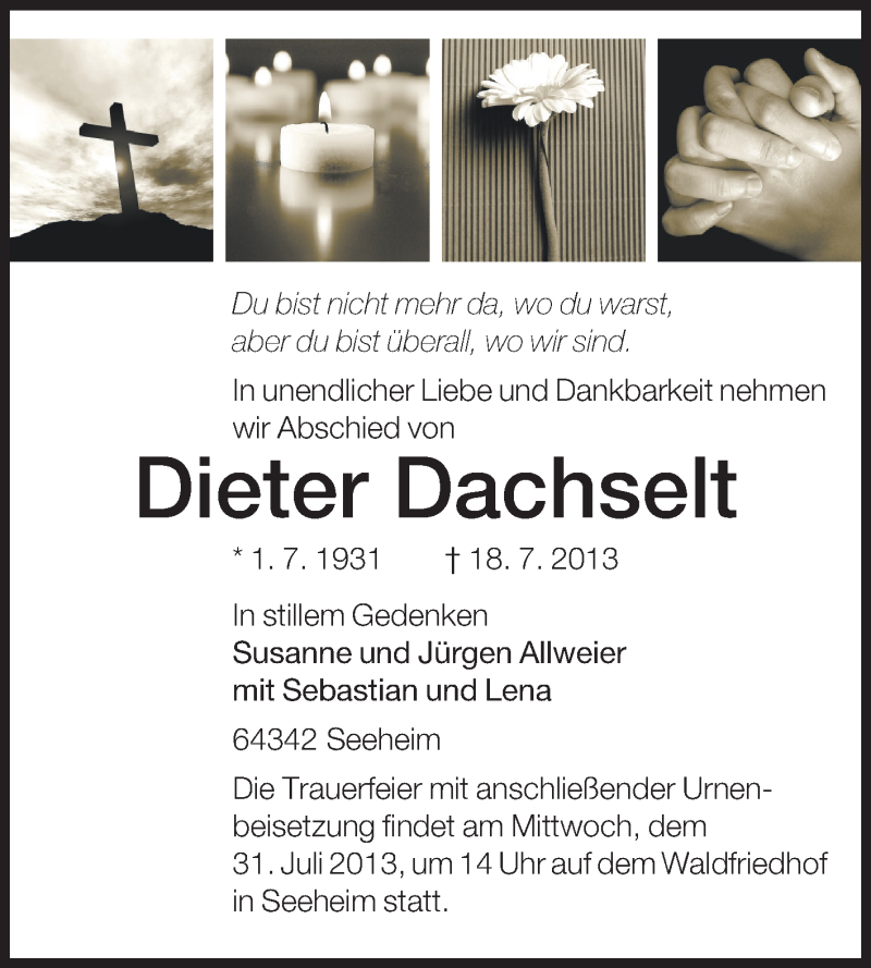  Traueranzeige für Dieter Dachsler vom 27.07.2013 aus Echo-Zeitungen (Gesamtausgabe)