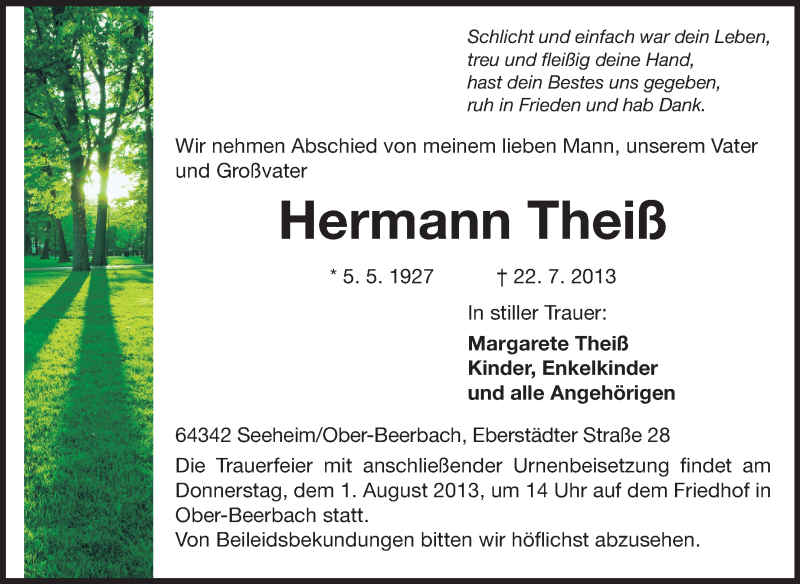  Traueranzeige für Hermann Theiß vom 27.07.2013 aus Echo-Zeitungen (Gesamtausgabe)