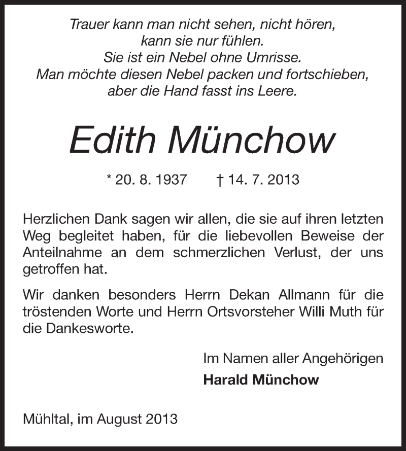  Traueranzeige für Edith Münchow vom 03.08.2013 aus Echo-Zeitungen (Gesamtausgabe)