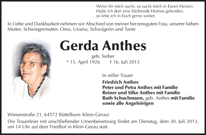  Traueranzeige für Gerda Anthes vom 27.07.2013 aus Rüsselsheimer Echo, Groß-Gerauer-Echo, Ried Echo
