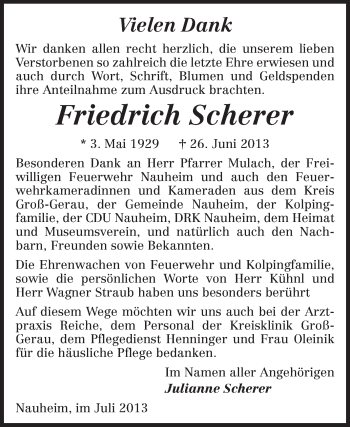 Traueranzeige von Friedrich Scherer von Rüsselsheimer Echo, Groß-Gerauer-Echo, Ried Echo