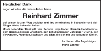 Traueranzeige von Reinhard Zimmer von Rüsselsheimer Echo, Groß-Gerauer-Echo, Ried Echo