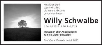 Traueranzeige von Willy Schwalbe von Rüsselsheimer Echo, Groß-Gerauer-Echo, Ried Echo