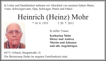 Traueranzeige von Heinrich Mohr von Odenwälder Echo