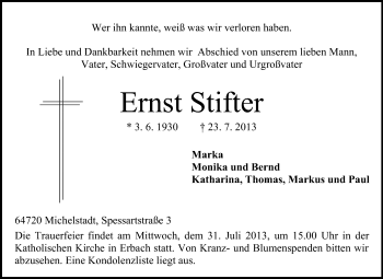 Traueranzeige von Ernst Stifter von Odenwälder Echo