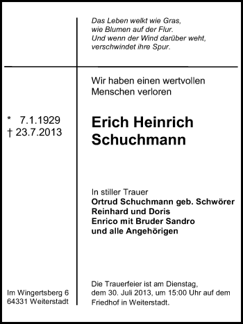 Traueranzeige von Erich Heinrich Schuchmann von Echo-Zeitungen (Gesamtausgabe)