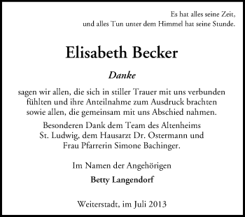 Traueranzeige von Elisabeth Becker von Echo-Zeitungen (Gesamtausgabe)