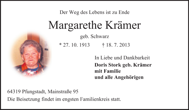  Traueranzeige für Margarethe Krämer vom 27.07.2013 aus Echo-Zeitungen (Gesamtausgabe)