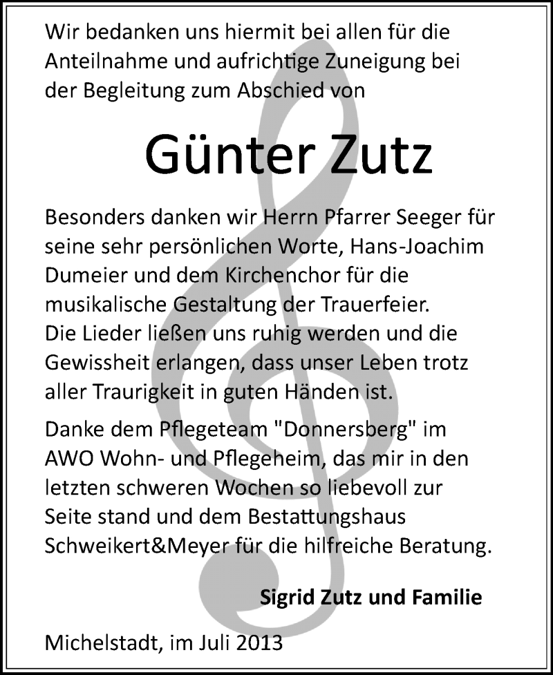  Traueranzeige für Günter Zutz vom 27.07.2013 aus Odenwälder Echo