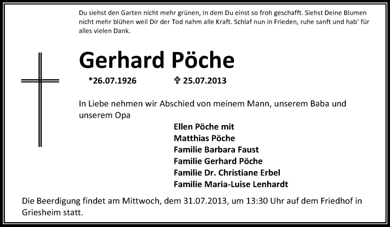  Traueranzeige für Gerhard Pöche vom 27.07.2013 aus Echo-Zeitungen (Gesamtausgabe)