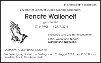 Traueranzeige von Renate Walleneit von Echo-Zeitungen (Gesamtausgabe)
