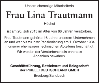 Traueranzeige von Lina Trautmann von Odenwälder Echo