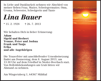 Traueranzeige von Lina Bauer von Echo-Zeitungen (Gesamtausgabe)