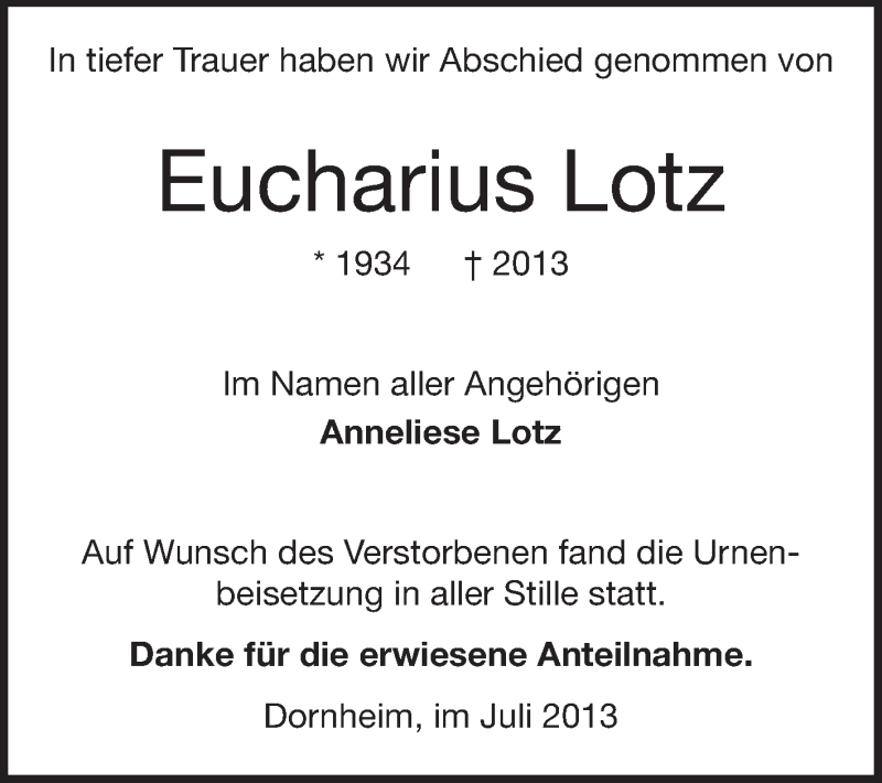  Traueranzeige für Eucharius Lotz vom 31.07.2013 aus Rüsselsheimer Echo, Groß-Gerauer-Echo, Ried Echo
