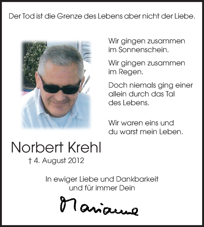  Traueranzeige für Norbert Krehl vom 03.08.2013 aus Echo-Zeitungen (Gesamtausgabe)
