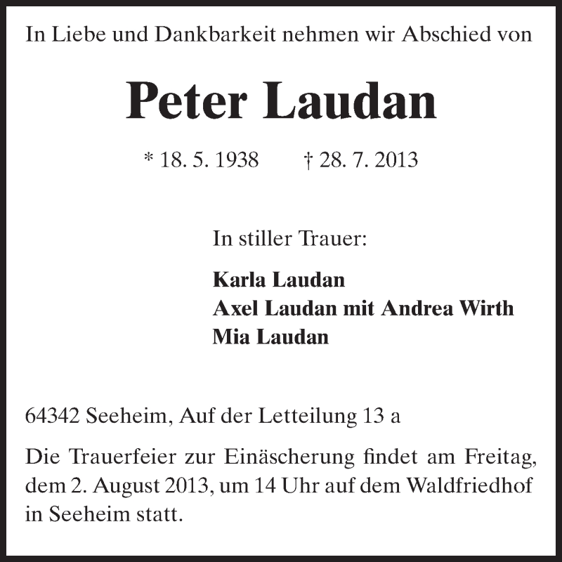 Traueranzeige für Peter Laudan vom 31.07.2013 aus Echo-Zeitungen (Gesamtausgabe)