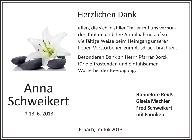  Traueranzeige für Anna Schweikert vom 30.07.2013 aus Odenwälder Echo