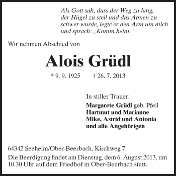 Traueranzeige von Alois Grüdl von Echo-Zeitungen (Gesamtausgabe)