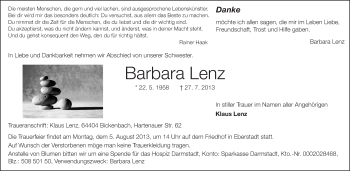 Traueranzeige von Barbara Lenz von Echo-Zeitungen (Gesamtausgabe)