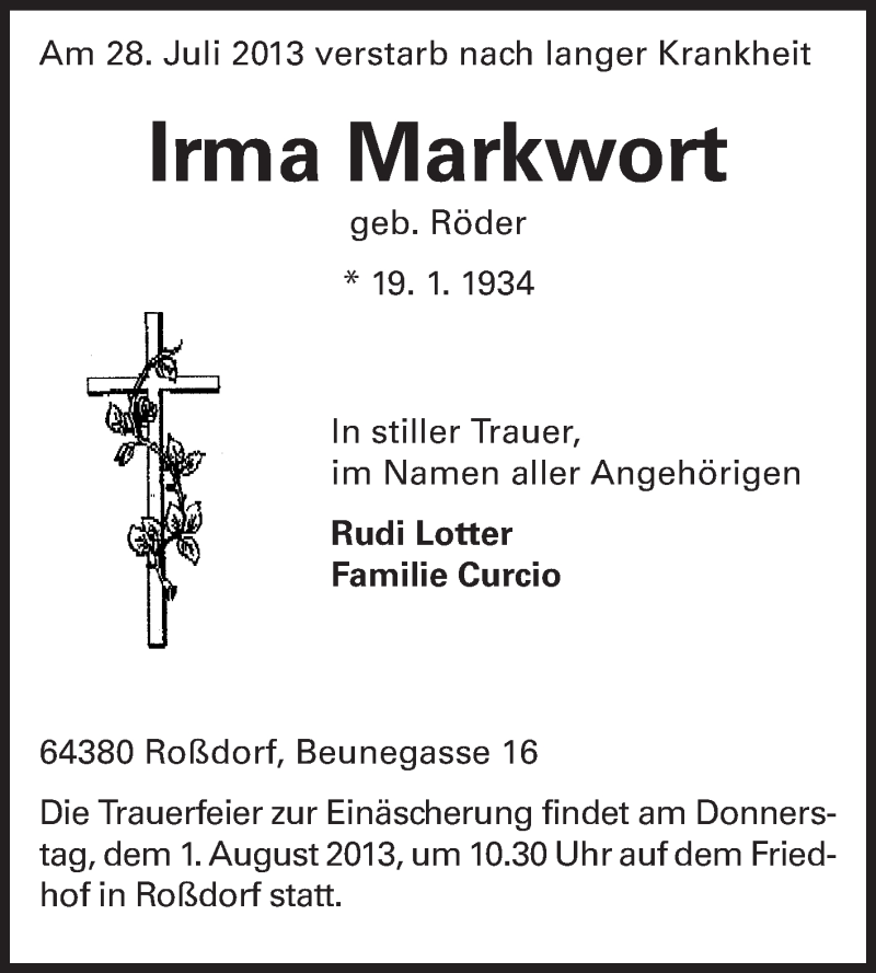  Traueranzeige für Irma Markwort vom 30.07.2013 aus Echo-Zeitungen (Gesamtausgabe)