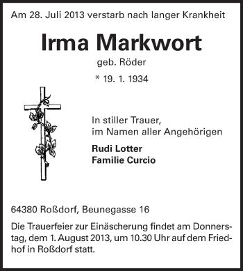 Traueranzeige von Irma Markwort von Echo-Zeitungen (Gesamtausgabe)