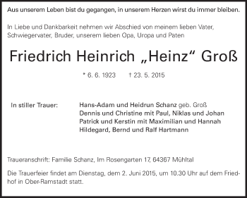 Traueranzeige von Friedrich Heinrich Groß von Echo-Zeitungen (Gesamtausgabe)