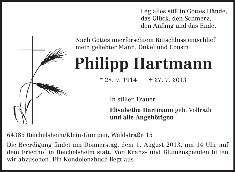  Traueranzeige für Philipp Hartmann vom 30.07.2013 aus Odenwälder Echo