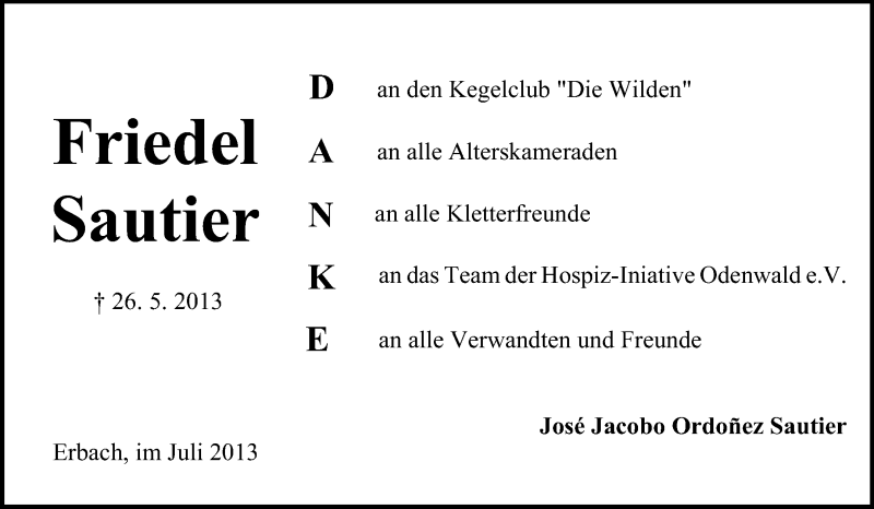  Traueranzeige für Friedel Sautier vom 31.07.2013 aus Odenwälder Echo