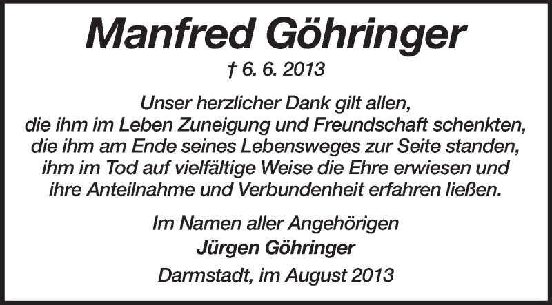  Traueranzeige für Manfred Göhringer vom 03.08.2013 aus Echo-Zeitungen (Gesamtausgabe)