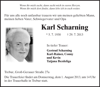 Traueranzeige von Karl Scharning von Rüsselsheimer Echo, Groß-Gerauer-Echo, Ried Echo