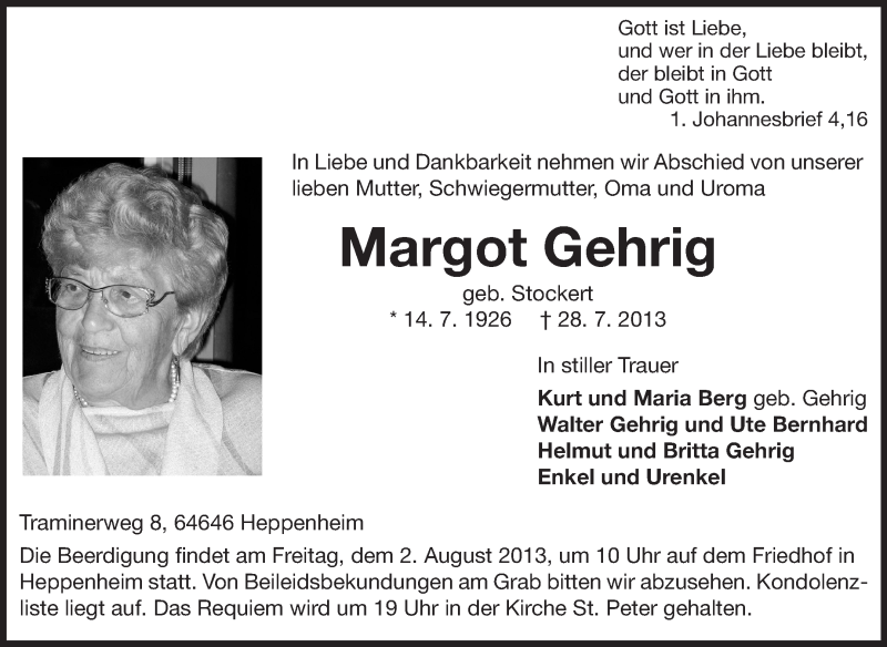  Traueranzeige für Margot Gehrig vom 31.07.2013 aus Starkenburger Echo