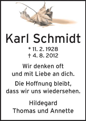 Traueranzeige von Karl Schmidt von Rüsselsheimer Echo, Groß-Gerauer-Echo, Ried Echo