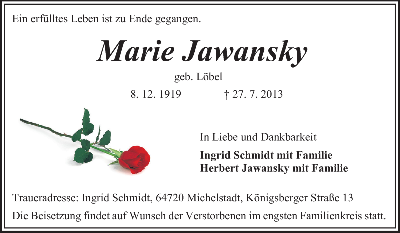 Traueranzeige für Marie Jawansky vom 31.07.2013 aus Odenwälder Echo