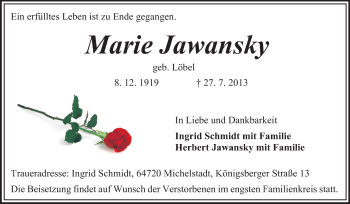 Traueranzeige von Marie Jawansky von Odenwälder Echo