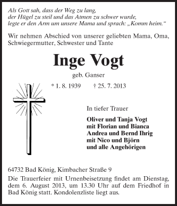 Traueranzeige von Inge Vogt von Echo-Zeitungen (Gesamtausgabe)