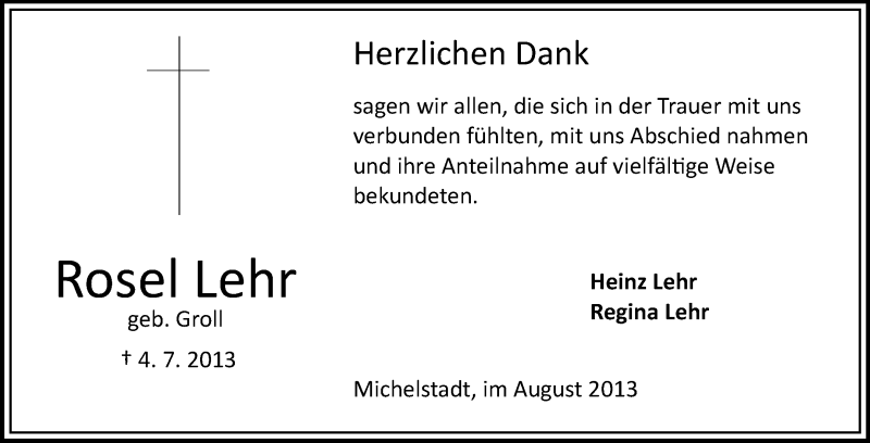  Traueranzeige für Rosel Lehr vom 03.08.2013 aus Odenwälder Echo