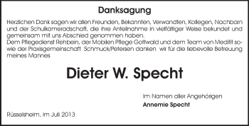 Traueranzeige von Dieter W. Specht von Rüsselsheimer Echo, Groß-Gerauer-Echo, Ried Echo