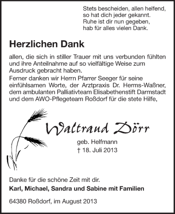 Traueranzeige von Waltraud Dörr von Echo-Zeitungen (Gesamtausgabe)