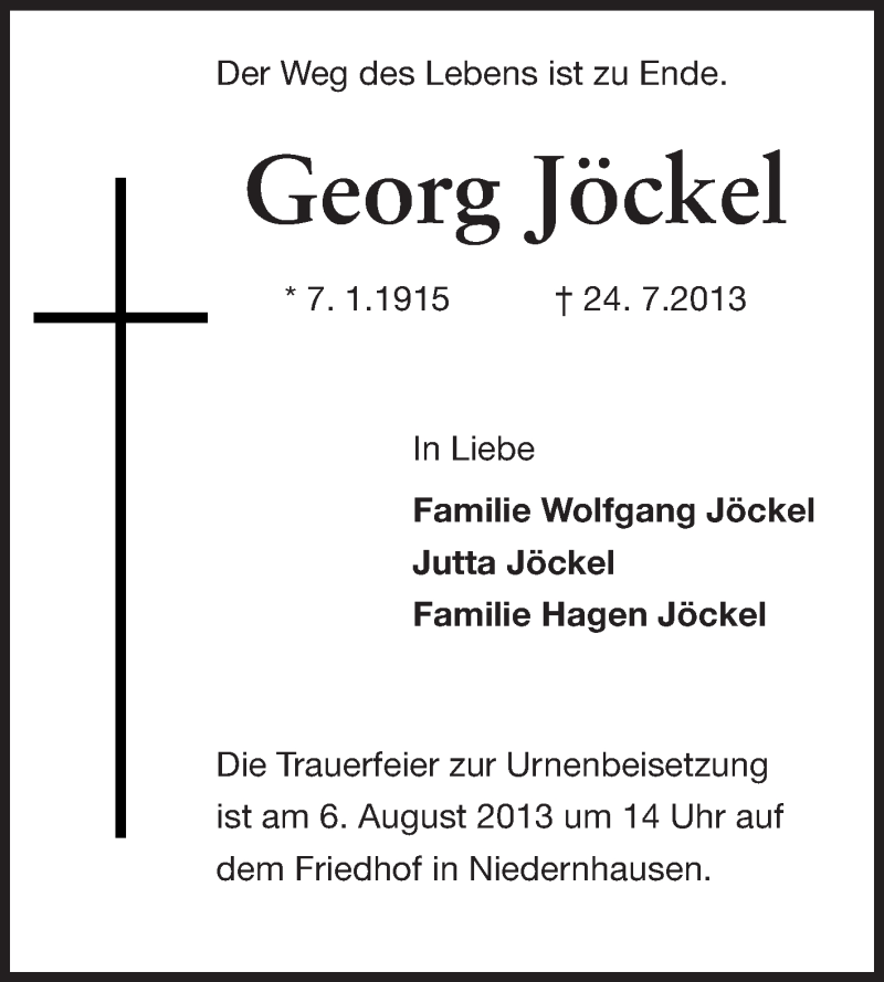  Traueranzeige für Georg Jöckel vom 03.08.2013 aus Echo-Zeitungen (Gesamtausgabe)