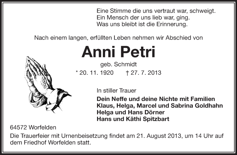  Traueranzeige für Anni Petri vom 19.08.2013 aus Rüsselsheimer Echo, Groß-Gerauer-Echo, Ried Echo