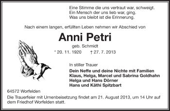Traueranzeige von Anni Petri von Rüsselsheimer Echo, Groß-Gerauer-Echo, Ried Echo