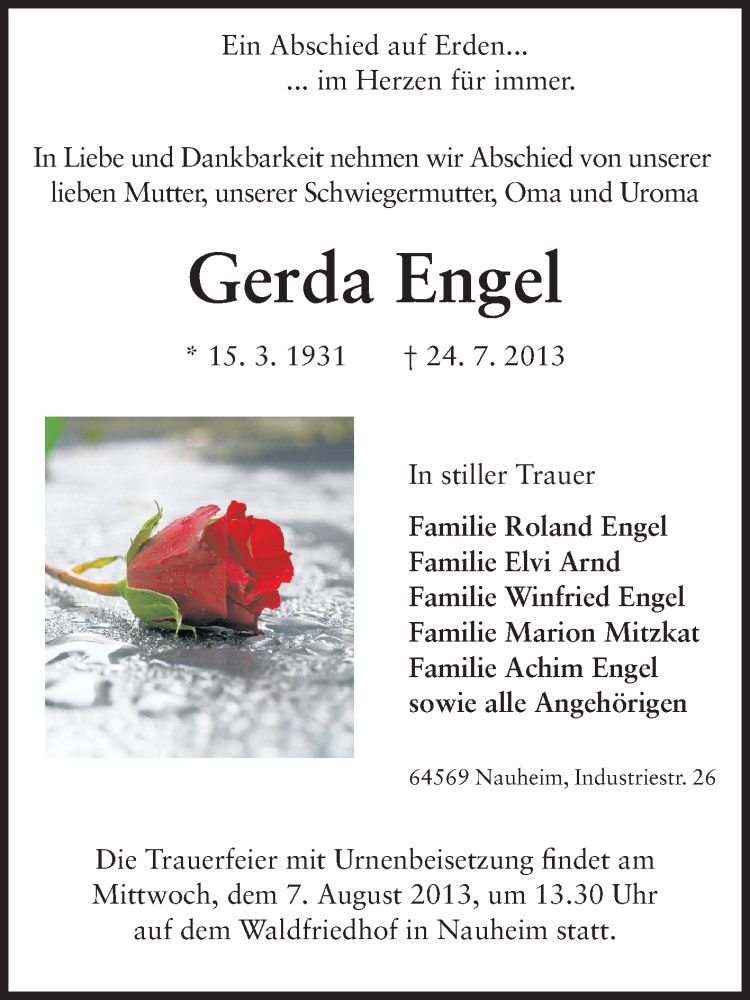  Traueranzeige für Gerda Engel vom 03.08.2013 aus Rüsselsheimer Echo, Groß-Gerauer-Echo, Ried Echo
