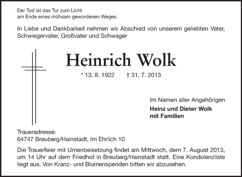  Traueranzeige für Heinrich Wolk vom 03.08.2013 aus Odenwälder Echo