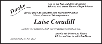 Traueranzeige von Luise Coradill von Echo-Zeitungen (Gesamtausgabe)