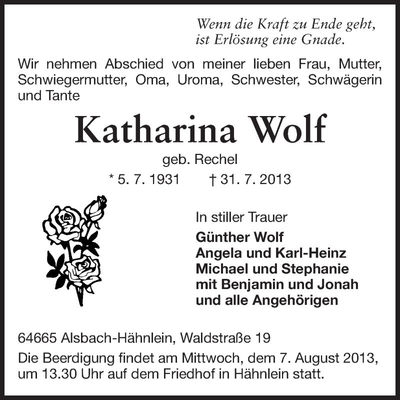  Traueranzeige für Katharina Wolf vom 03.08.2013 aus Echo-Zeitungen (Gesamtausgabe)