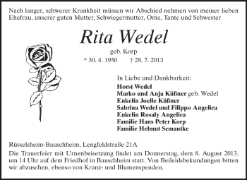 Traueranzeige von Rita Wedel von Rüsselsheimer Echo, Groß-Gerauer-Echo, Ried Echo