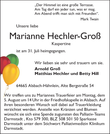 Traueranzeige von Marianne Hechler-Groß von Echo-Zeitungen (Gesamtausgabe)